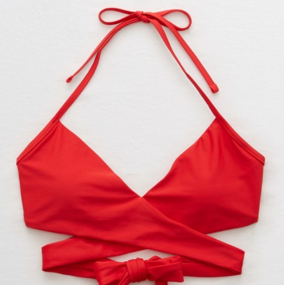 Aerie/AE Red Wrap Halter Scoop Bikini Top